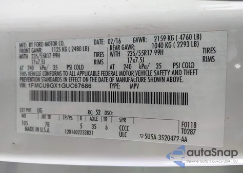 2016 Ford Escape Se from USA, damaged, VIN 1FMCU9GX1GUC67686